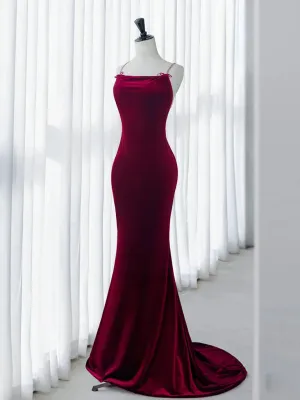 Simple Velvet Mermaid Burgundy Long Prom Dress, Burgundy Long Formal Dress