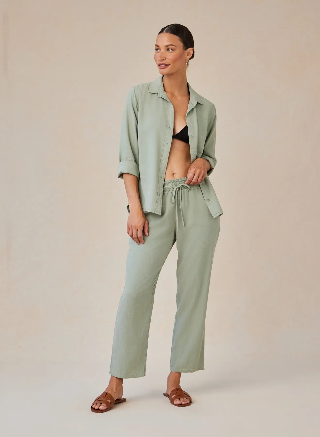 Smocked Waist Trousers - Olive Grove