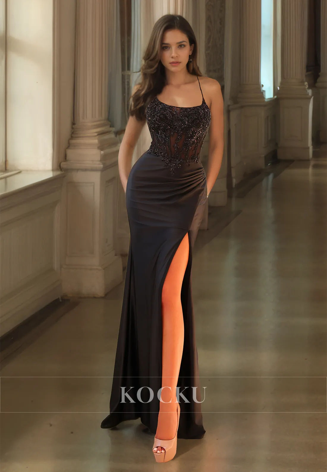 Spaghetti Straps Sheath Prom Dress Sleeveless High Slit Applique Pleat Satin Formal Gown with Train