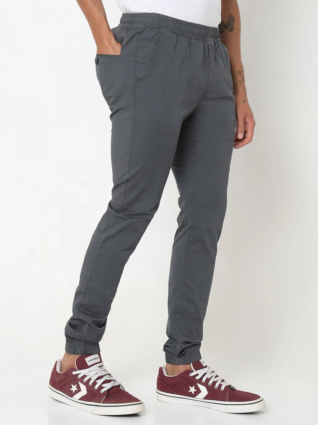 Spykar Grey Jogger Fit Cotton Trouser For Men