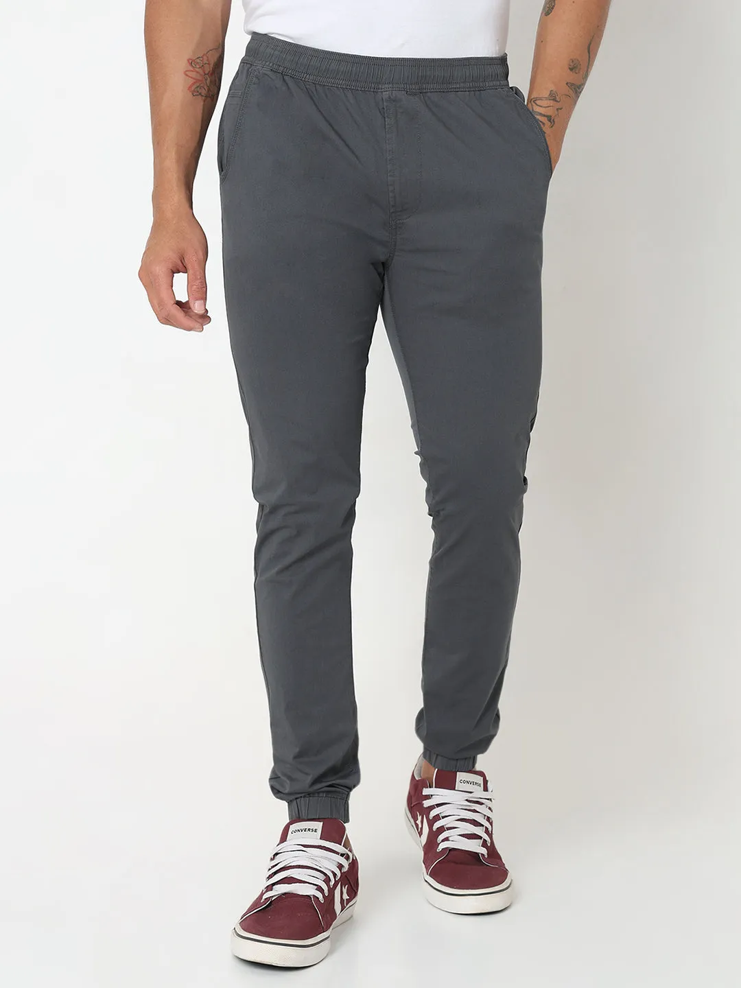 Spykar Grey Jogger Fit Cotton Trouser For Men