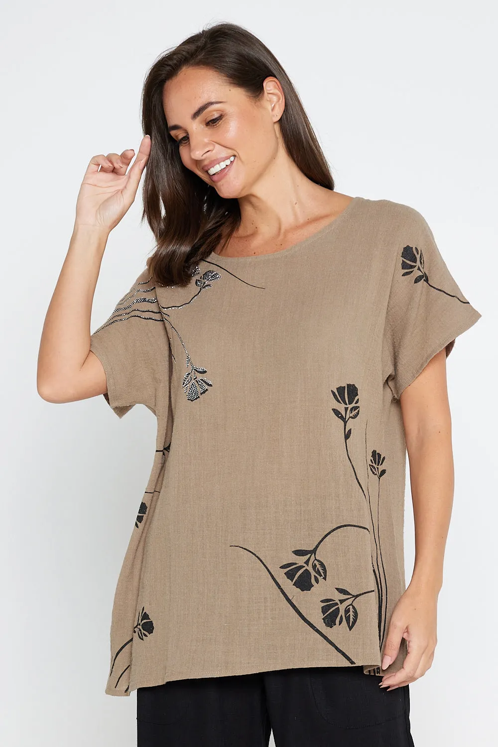 Valerie Diamanté Top - Khaki Brown