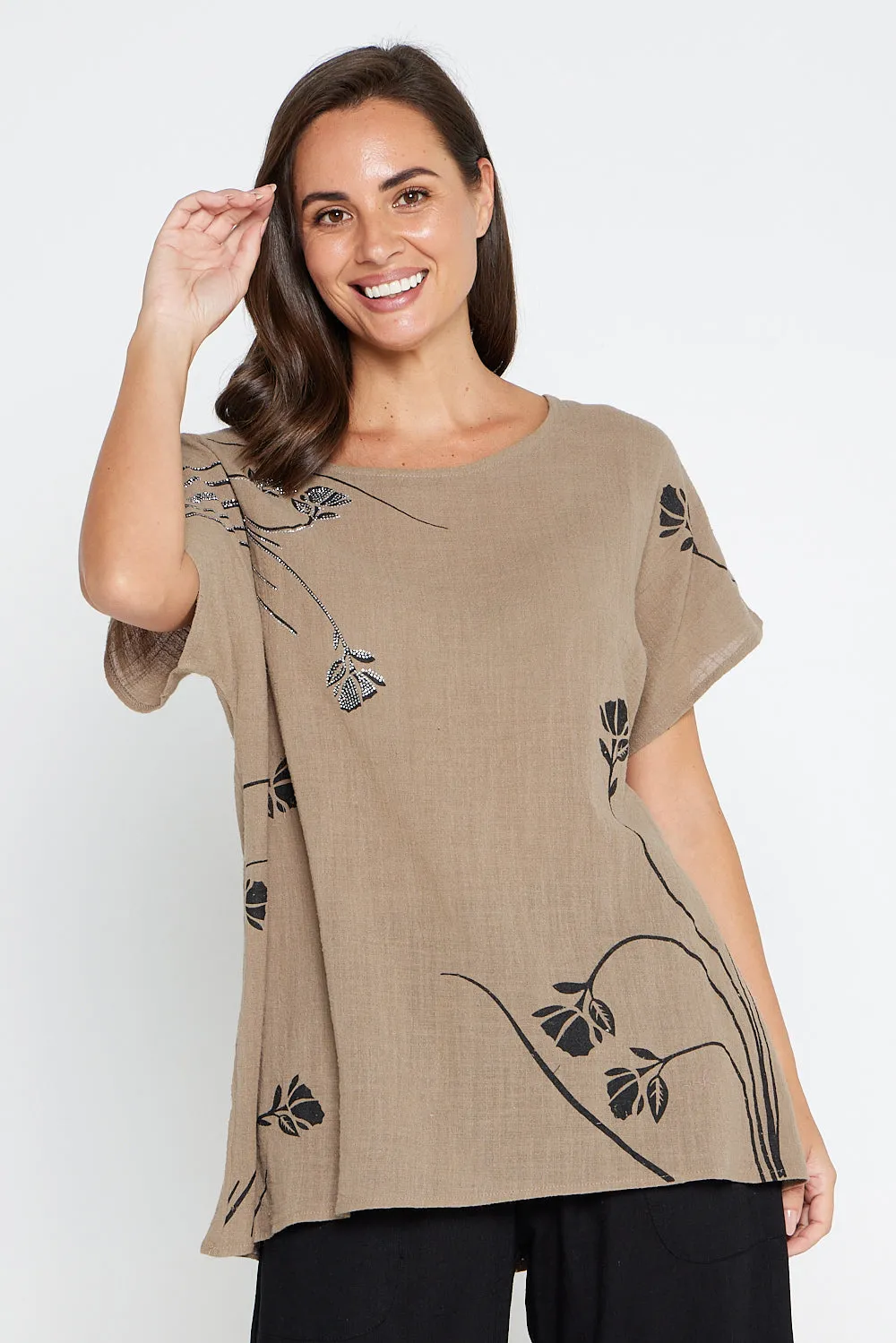 Valerie Diamanté Top - Khaki Brown