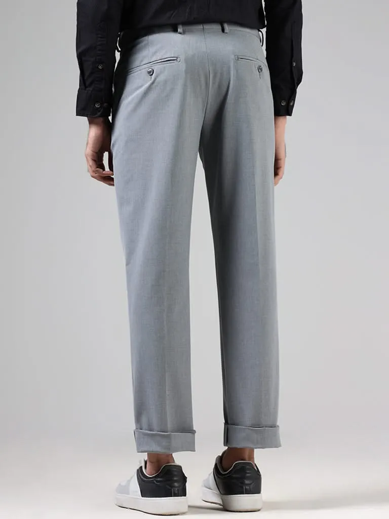 WES Formals Solid Light Grey Slim-Fit Mid-Rise Trousers