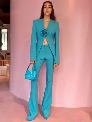 Women Pants Suit Blue 3D Flower Fitted Blazer   Flare Trousers Pants Suit