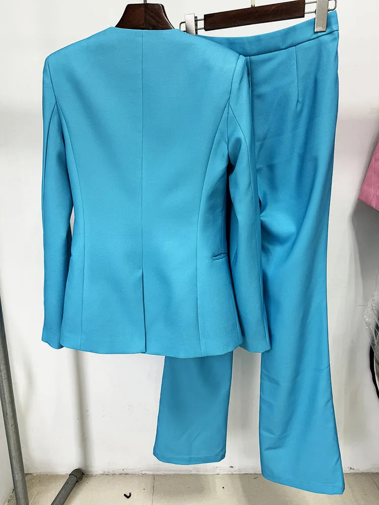 Women Pants Suit Blue 3D Flower Fitted Blazer   Flare Trousers Pants Suit