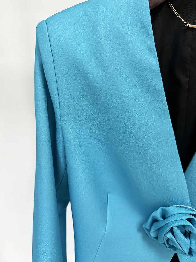 Women Pants Suit Blue 3D Flower Fitted Blazer   Flare Trousers Pants Suit