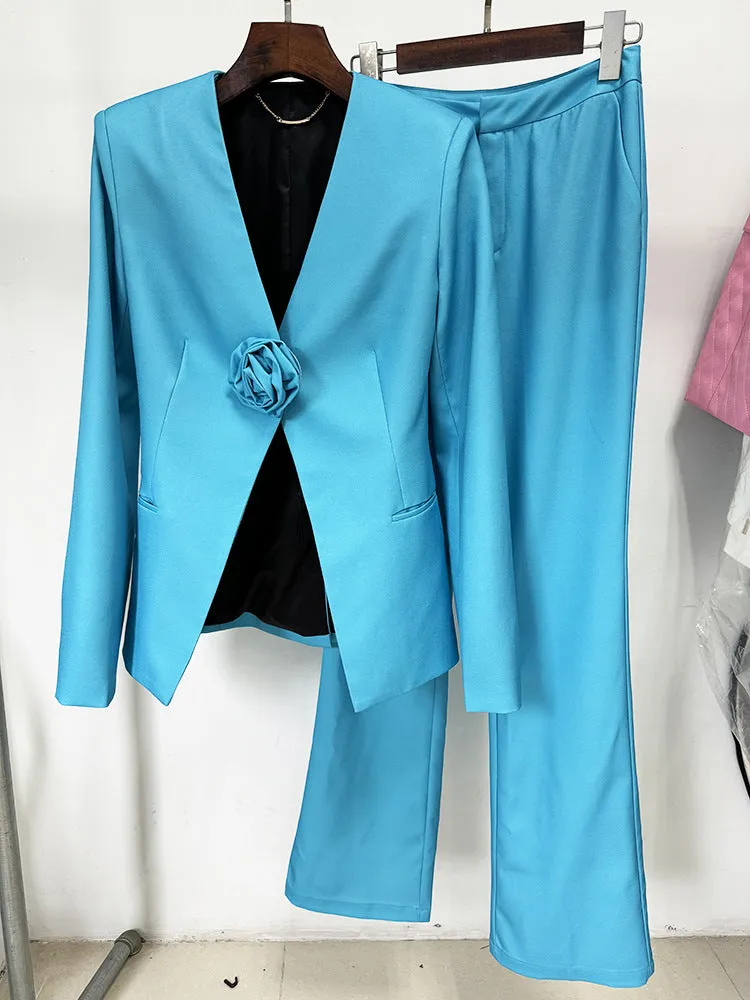 Women Pants Suit Blue 3D Flower Fitted Blazer   Flare Trousers Pants Suit