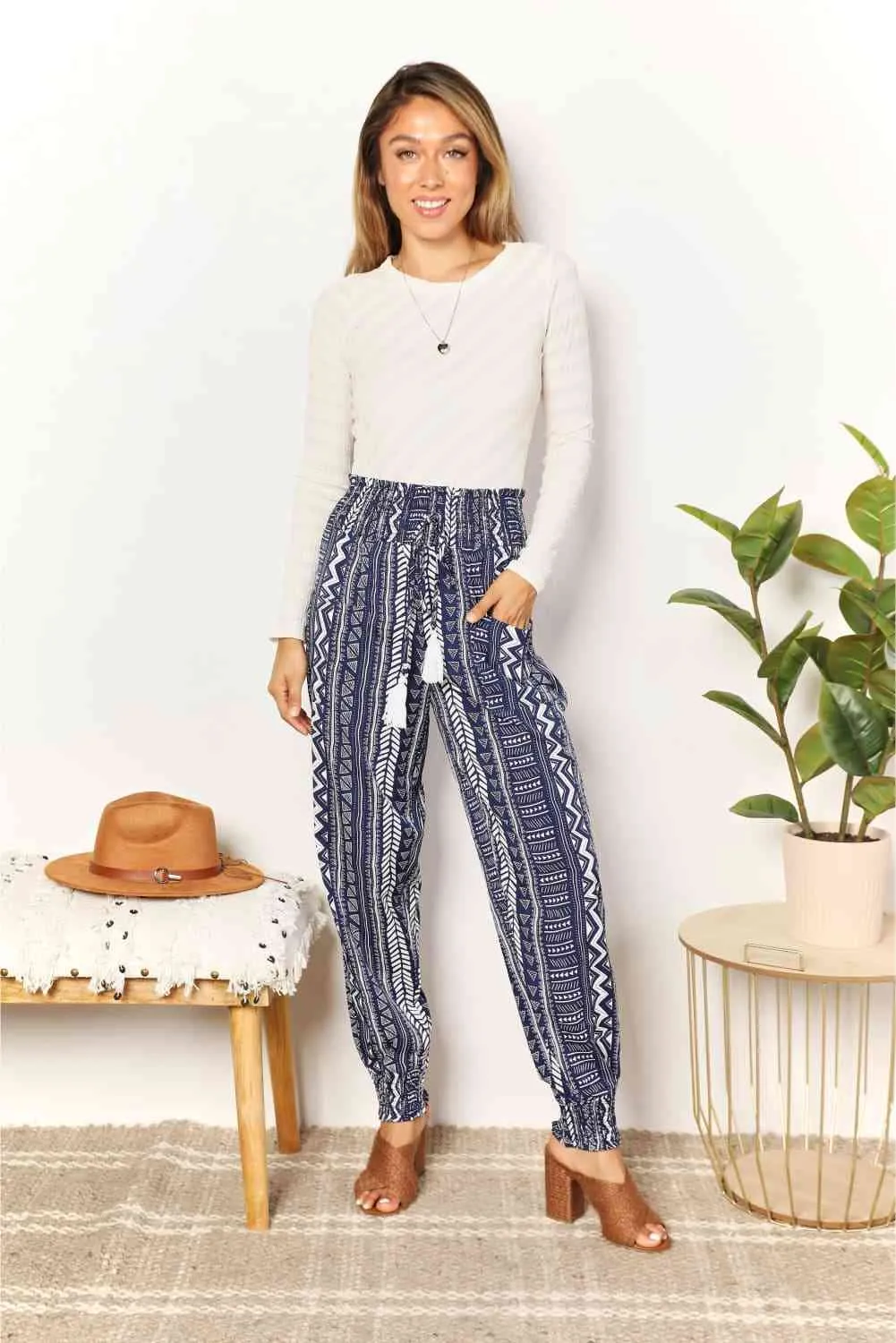 Women's Double Take Geometric Print Tassel High-Rise Pants