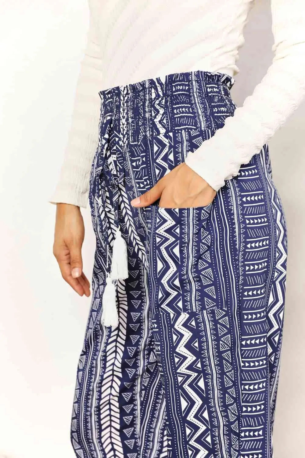 Women's Double Take Geometric Print Tassel High-Rise Pants