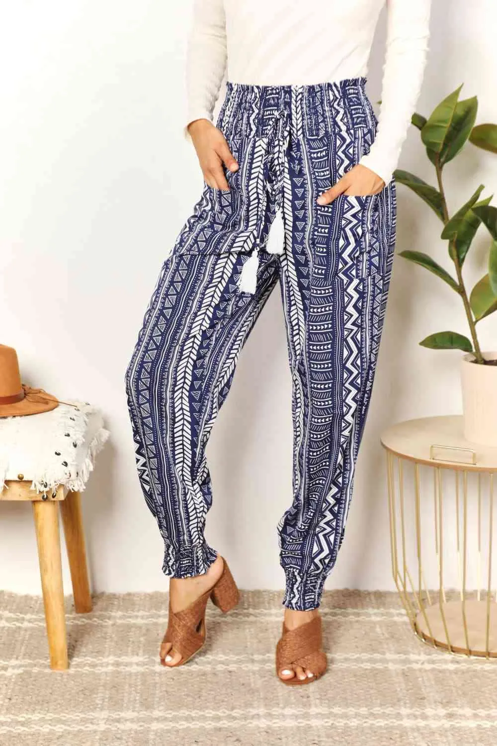 Women's Double Take Geometric Print Tassel High-Rise Pants